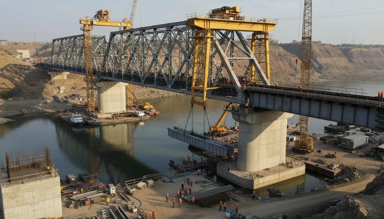 Large bridge construction project with gantry cranes over a river